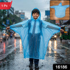 A boy in a school uniform wears a translucent blue poncho on a rainy street, with a small inset of the poncho (1 Pc) shown.