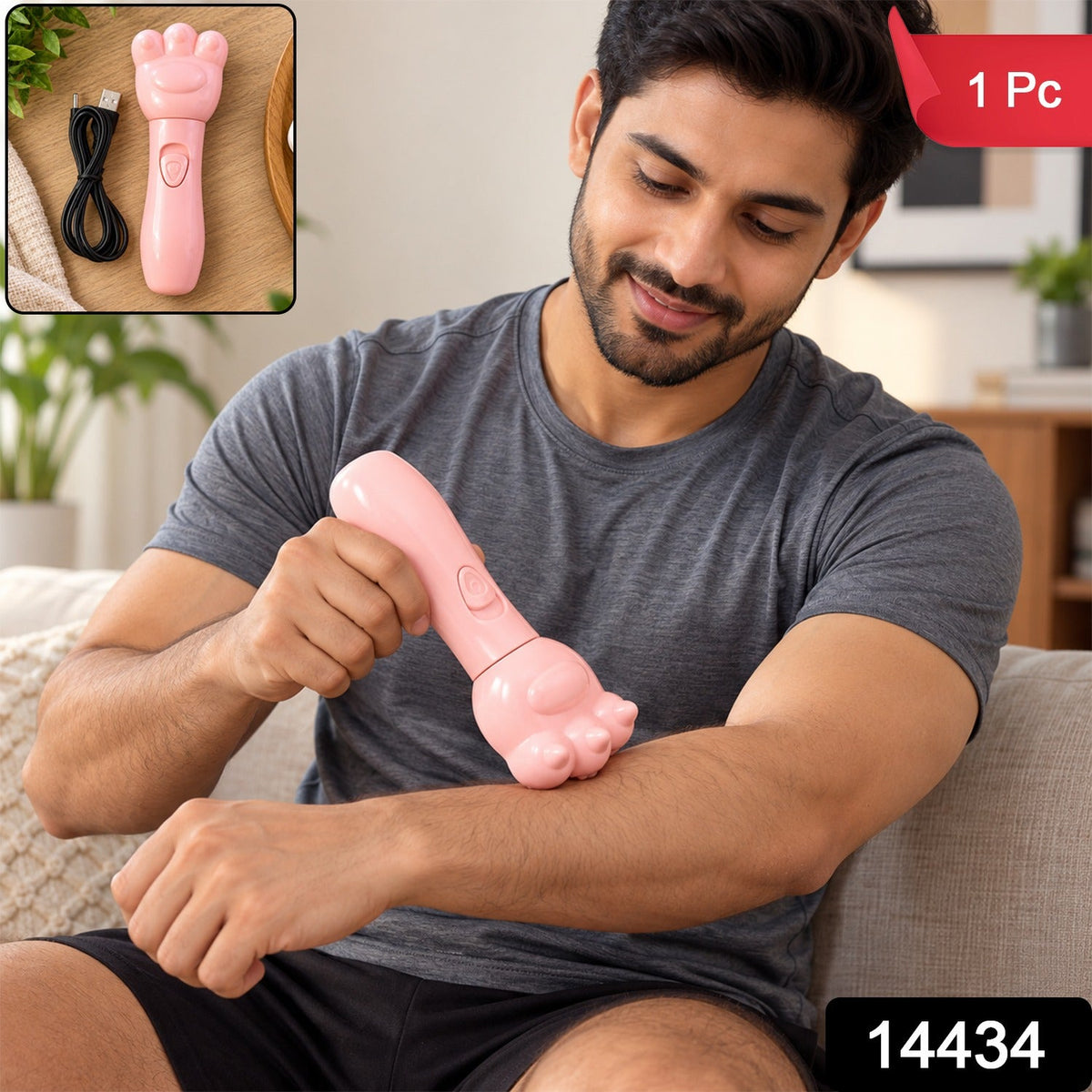 A man uses a pink bear paw massager on his arm, with an inset showing the massager and its charging cable.