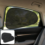 Black mesh sun shade covering a car's rear side window, with a pair of shades shown in the corner.
