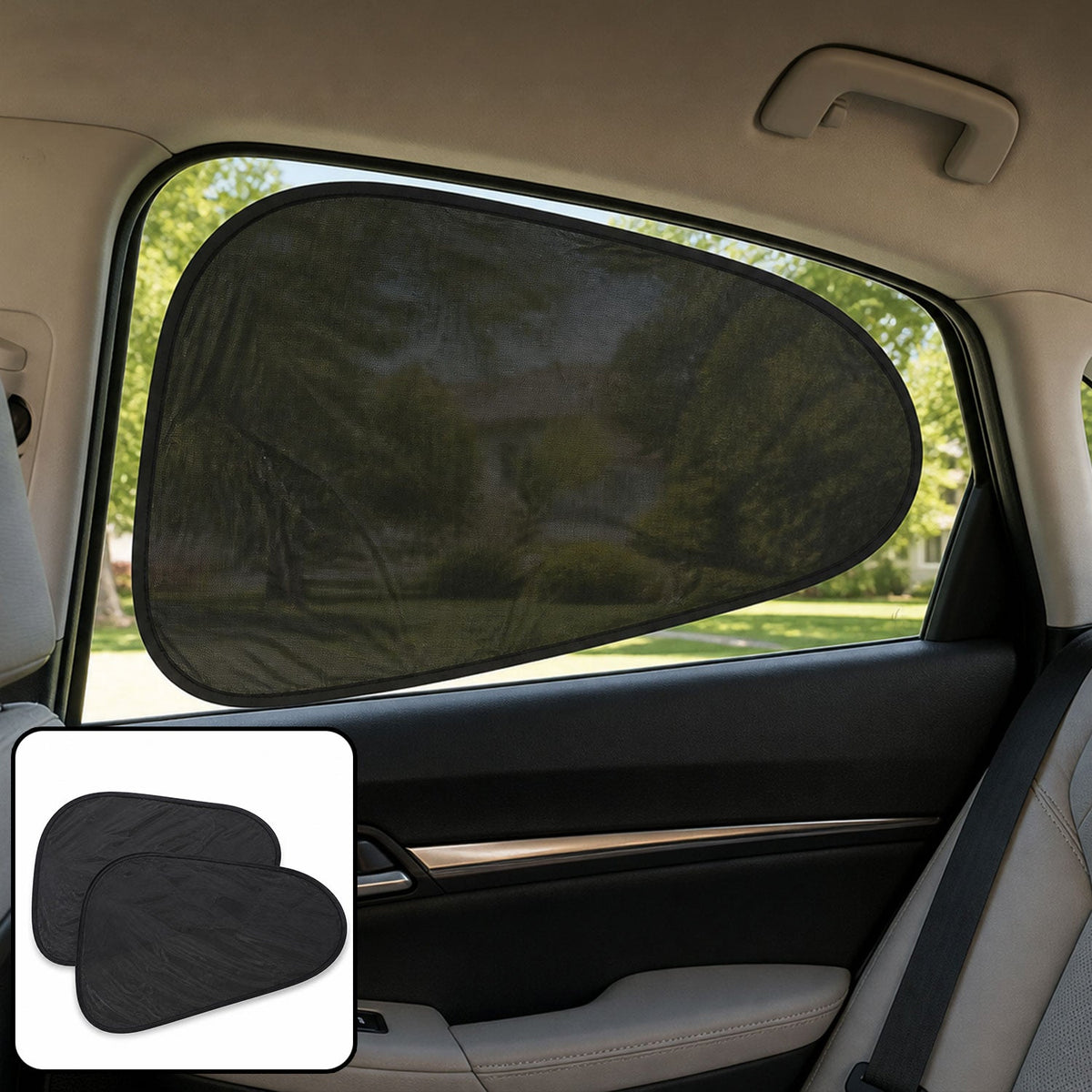 Black mesh sun shade covering a car's rear side window, with a pair of shades shown in the corner.