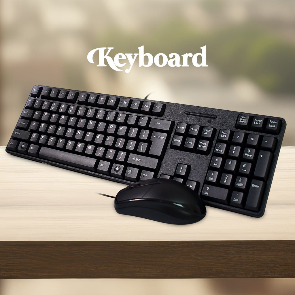 A black wired keyboard and mouse combo on a light wooden surface, with the word 'Keyboard' above.