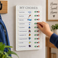 A child's hand slides a black knob on a white chore board to mark a task complete.