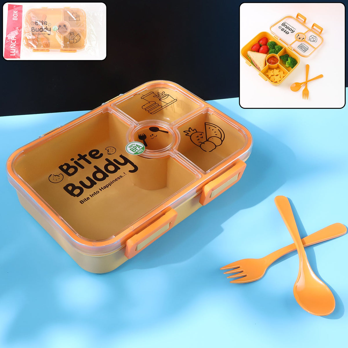 Yellow 4-compartment lunch box with orange lid and cutlery, shown with packaging and a smaller inset image.