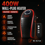 Features of the compact wall plug-in room heater highlighted.