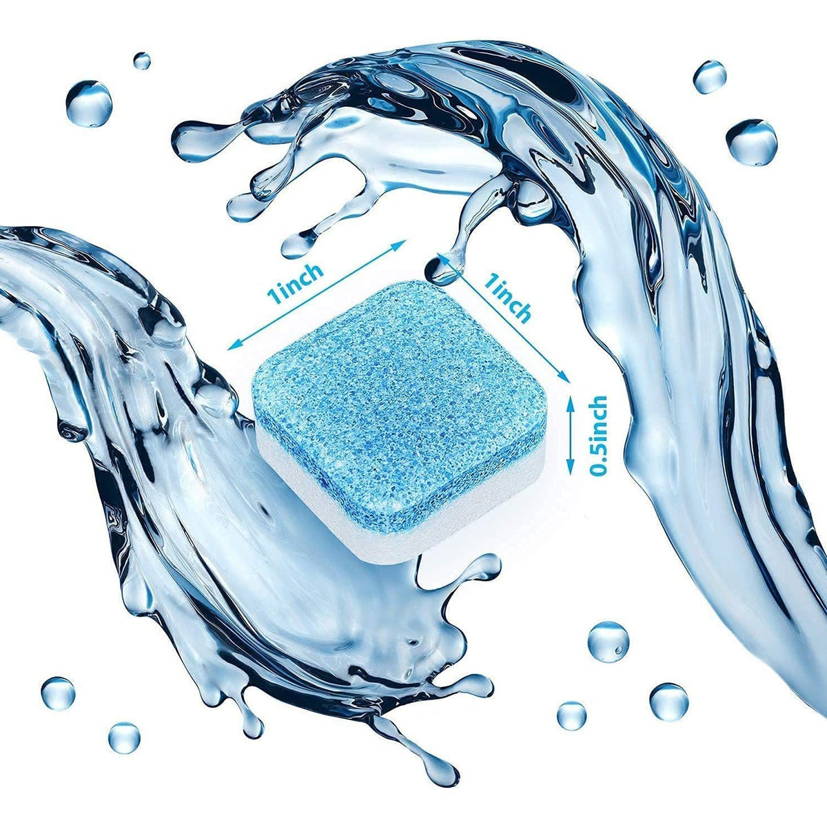 A single blue and white washing machine cleaner tablet surrounded by splashing water, with dimensions labeled.