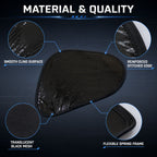 Diagram detailing the material and quality of the black mesh sun shade, including its cling surface and frame.