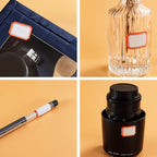 Four images showing a red-bordered label on a dark blue box, a clear ribbed glass bottle, a white and black pen, and a black