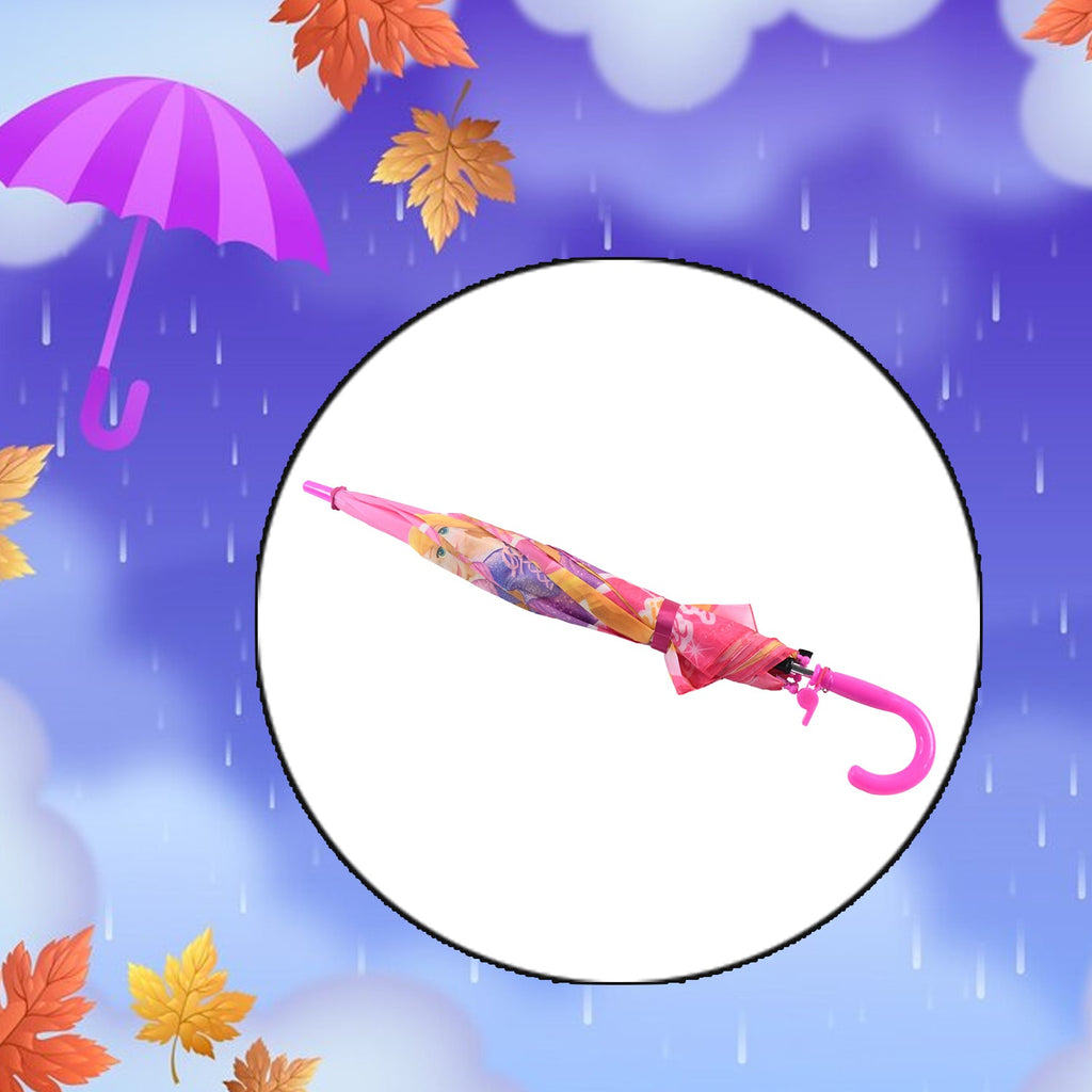 A closed pink Disney Princess umbrella with a curved handle is centered in a white circle.