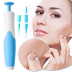 Woman's face with a magnified skin tag on her cheek, next to the blue and white remover tool.
