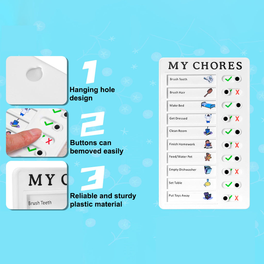 The 'MY CHORES' board with three features highlighted: a hanging hole, removable buttons, and sturdy plastic material.