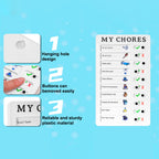The 'MY CHORES' board with three features highlighted: a hanging hole, removable buttons, and sturdy plastic material.