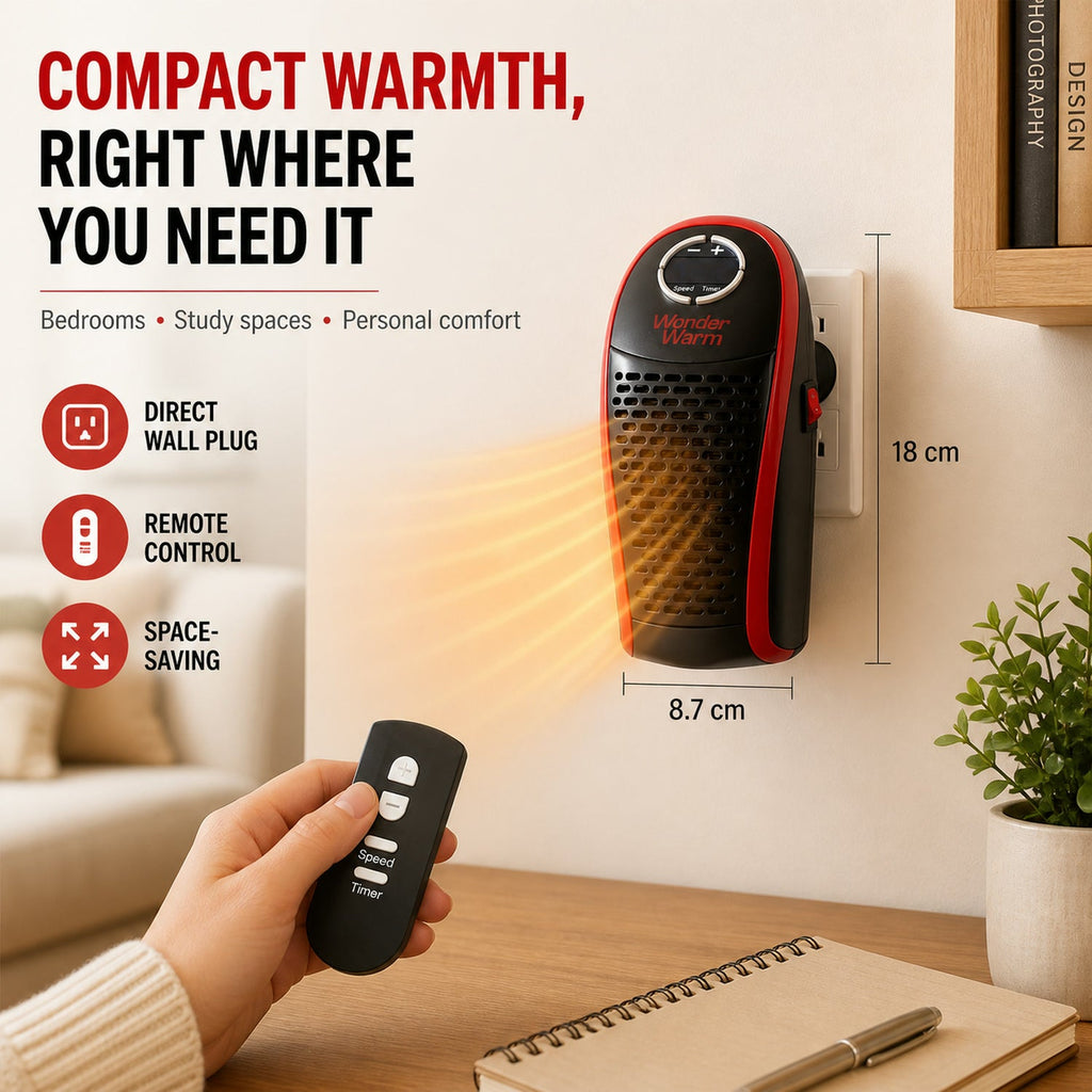 Lifestyle image of the compact wall plug-in room heater in use.