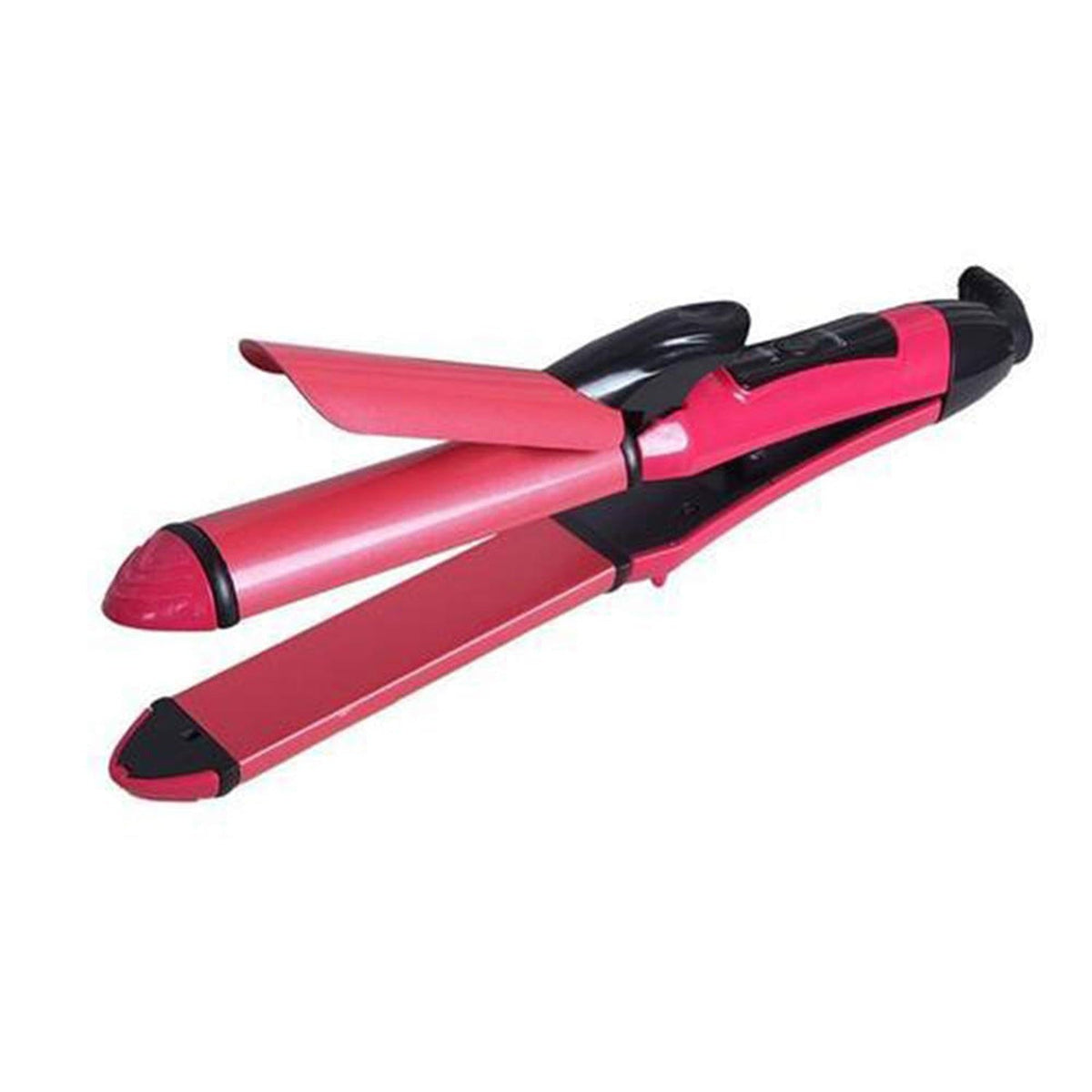 A pink and black 2-in-1 hair straightener and curler with ceramic plates, shown closed.