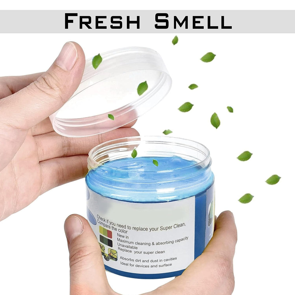 Hands open a jar of blue cleaning gel, with green leaves digitally added to suggest a fresh smell.