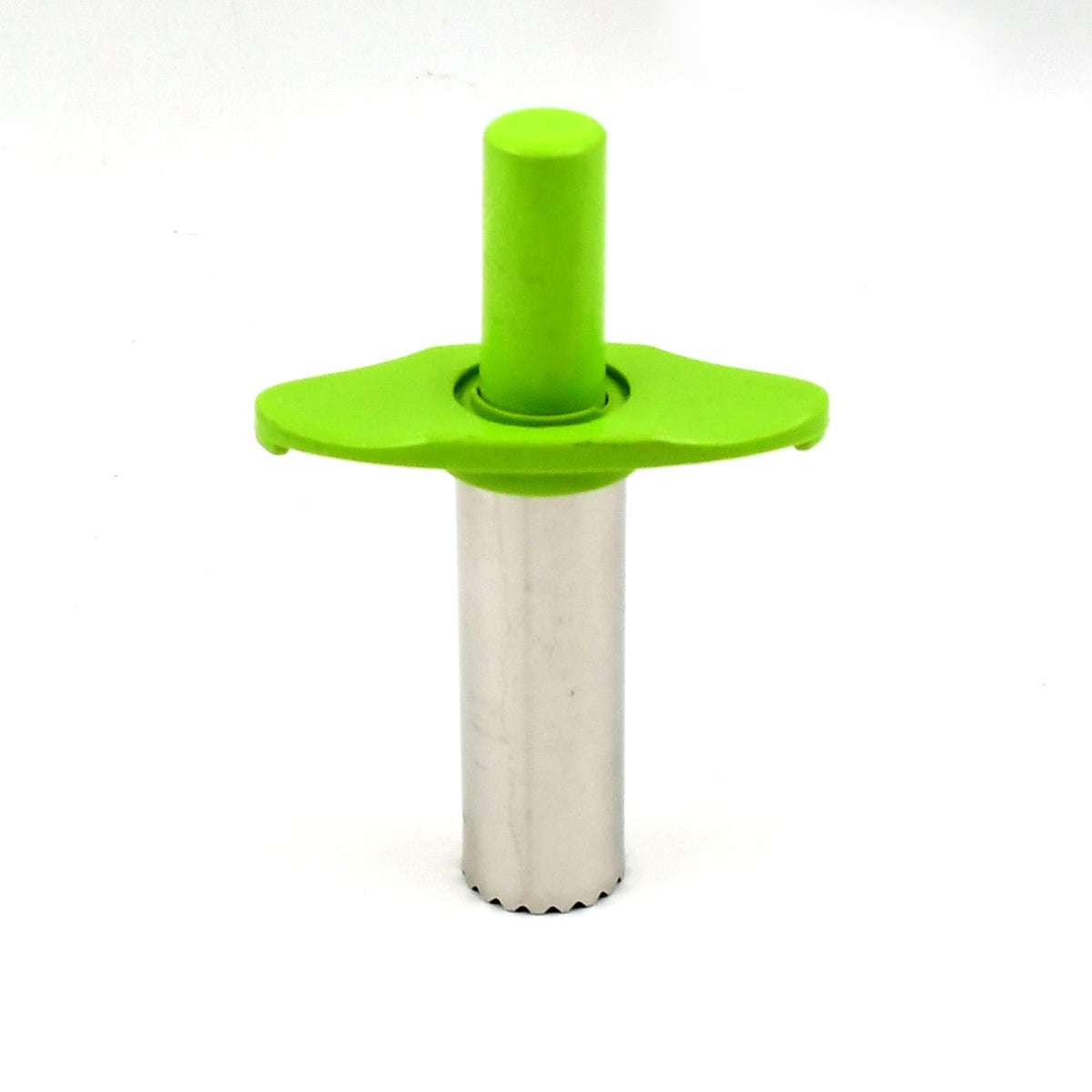 A green and silver chili corer stands upright on a plain white background, showing its serrated edge.