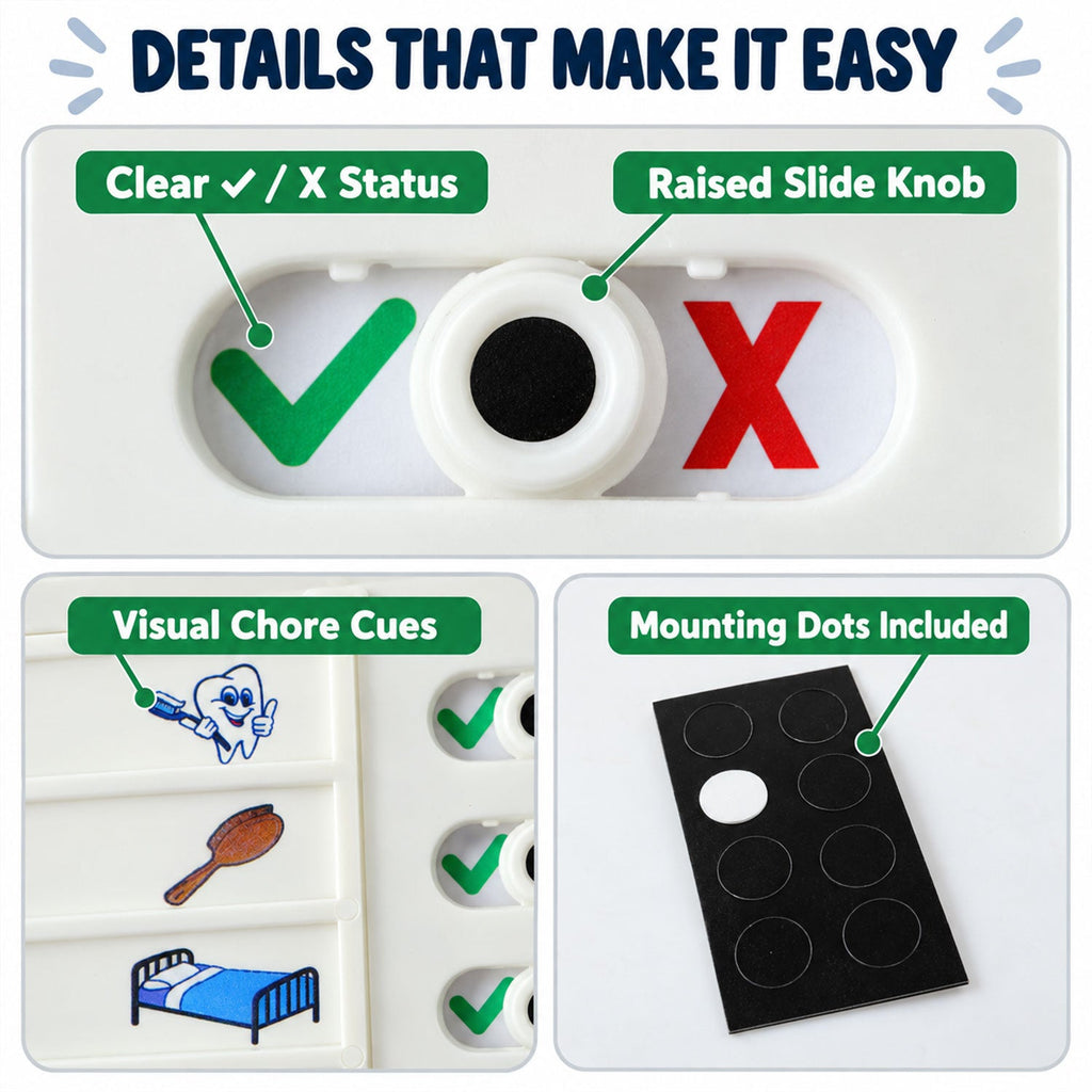 Close-up of the chore board's features, showing a clear checkmark, raised slide knob, visual cues, and mounting dots.