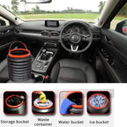 A black foldable bucket with a red rim is placed in a car interior, with four insets demonstrating its multi-use functions.