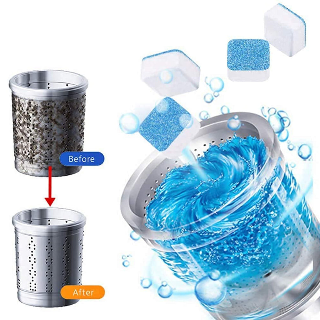 An illustration showing a dirty washing machine drum before and after cleaning, with tablets dissolving.