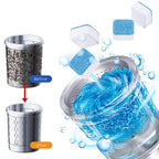 An illustration showing a dirty washing machine drum before and after cleaning, with tablets dissolving.