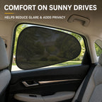Black mesh sun shade on a car window with text describing comfort, glare reduction, and privacy benefits.