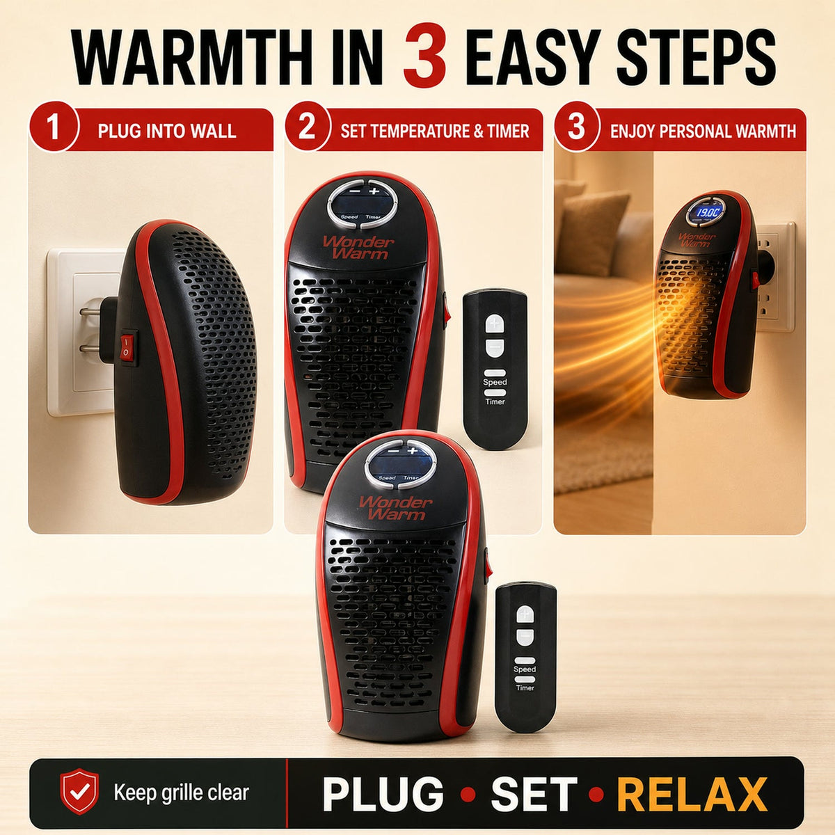 Usage guide for the compact wall plug-in room heater.