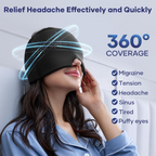 A woman in blue pajamas wearing a black migraine relief cap with blue light effects, listing benefits on the right.