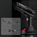 Black handheld vacuum cleaner with a clear dustbin, displayed with six different nozzle attachments and a battery pack on a