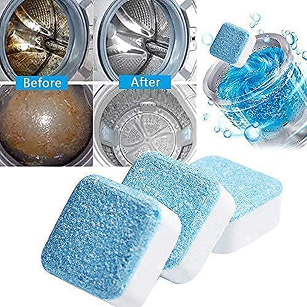 A collage of before and after washing machine drum images, with three blue and white cleaner tablets in the foreground.
