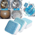 A collage of before and after washing machine drum images, with three blue and white cleaner tablets in the foreground.
