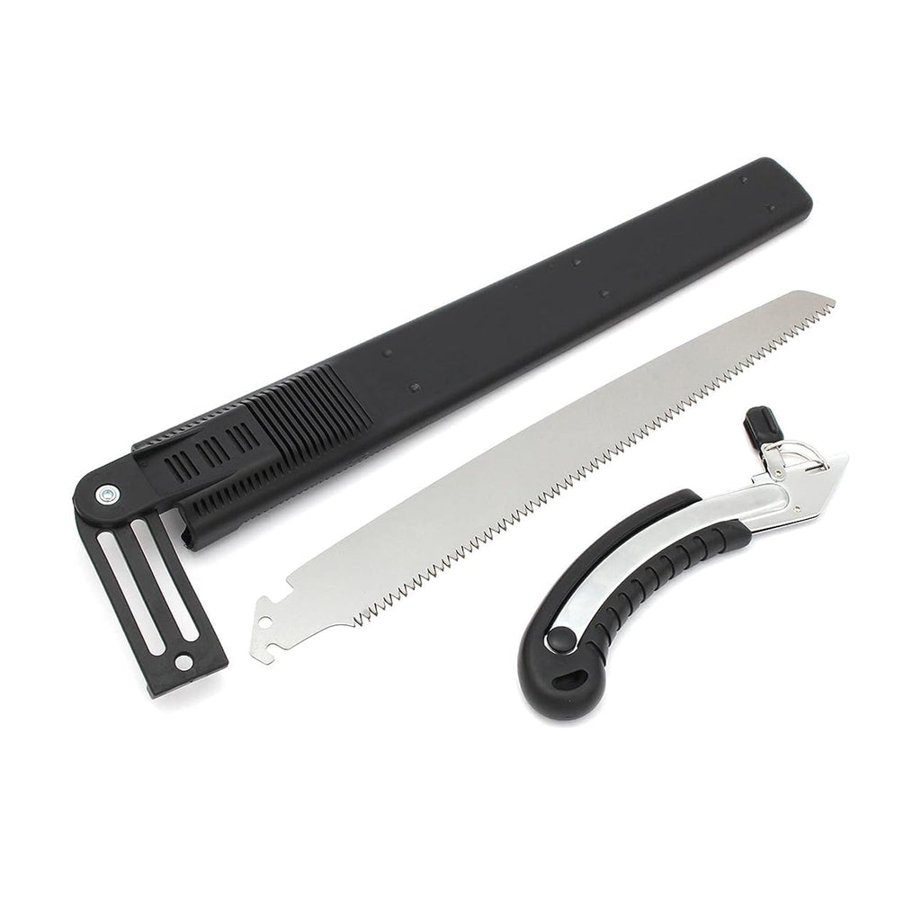 A disassembled silver folding hand saw with its black handle, blade, and black protective cover laid out on a white