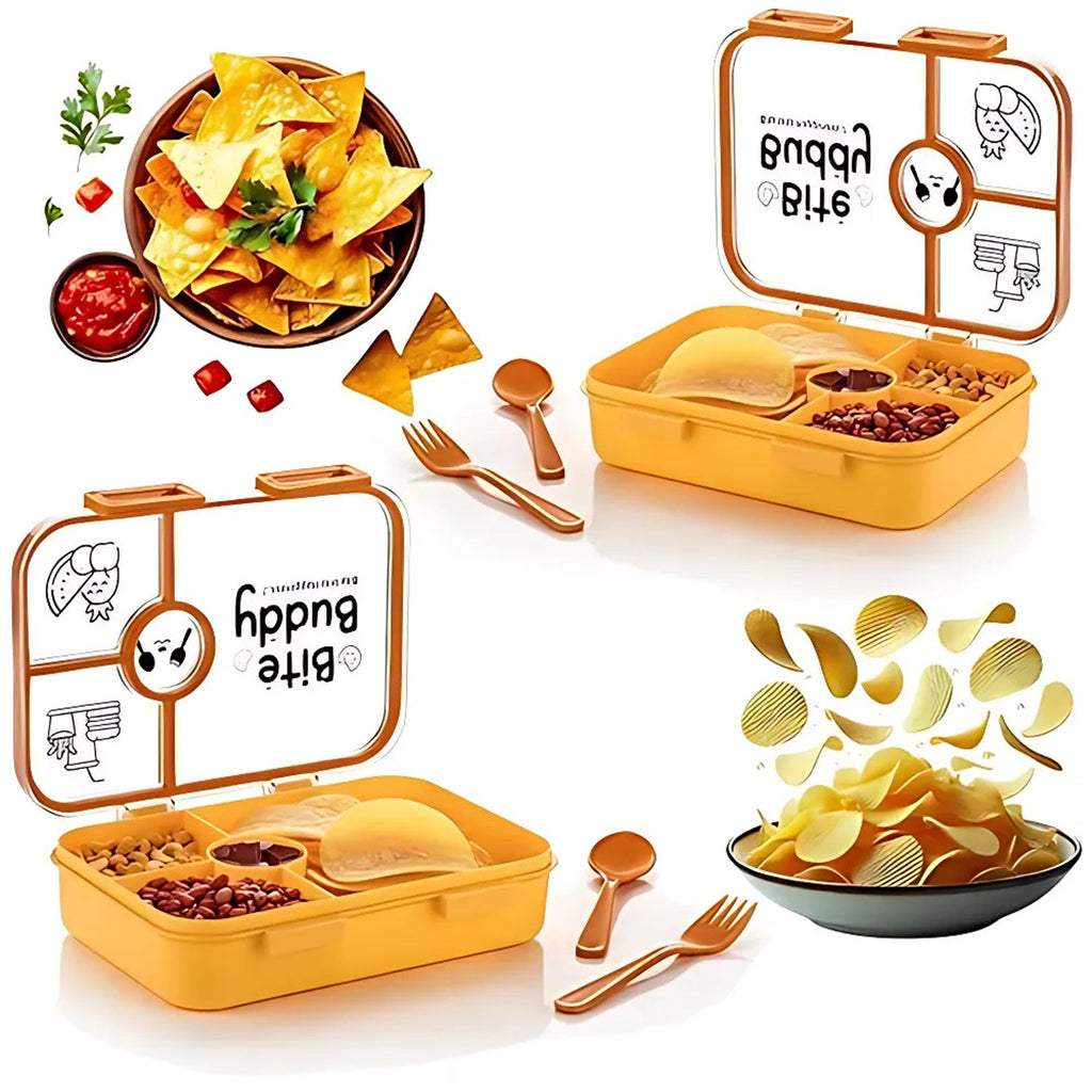 Collage of two open yellow lunch boxes, orange cutlery, a bowl of nachos, and a bowl of potato chips.