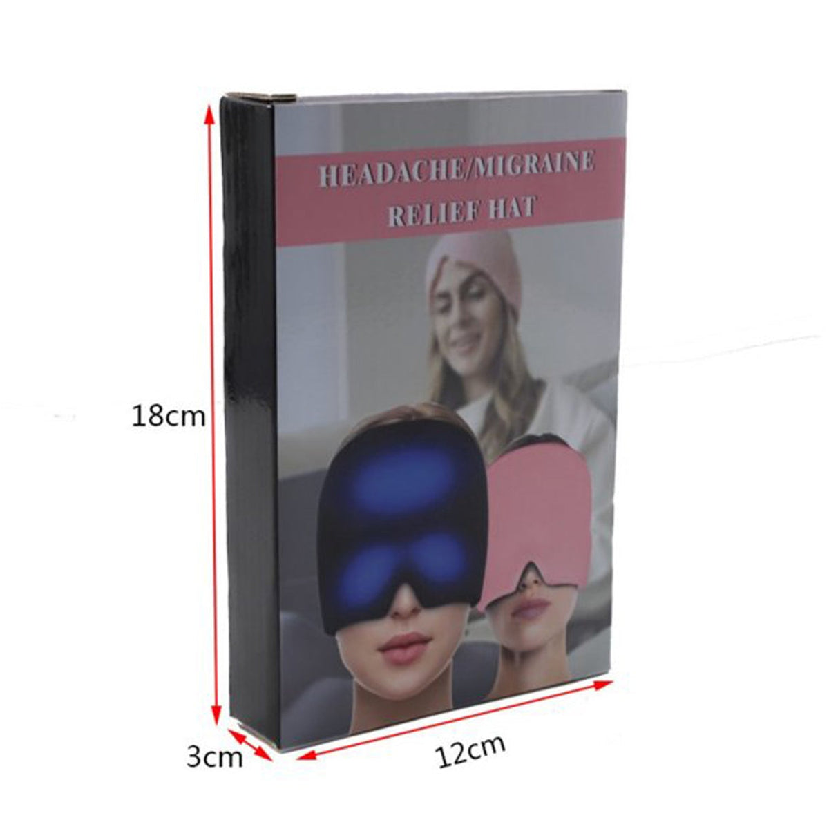 A product box for a headache/migraine relief hat, displaying dimensions of 18cm, 12cm, and 3cm.