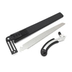 A disassembled silver folding hand saw with its black handle, blade, and black protective cover laid out on a white