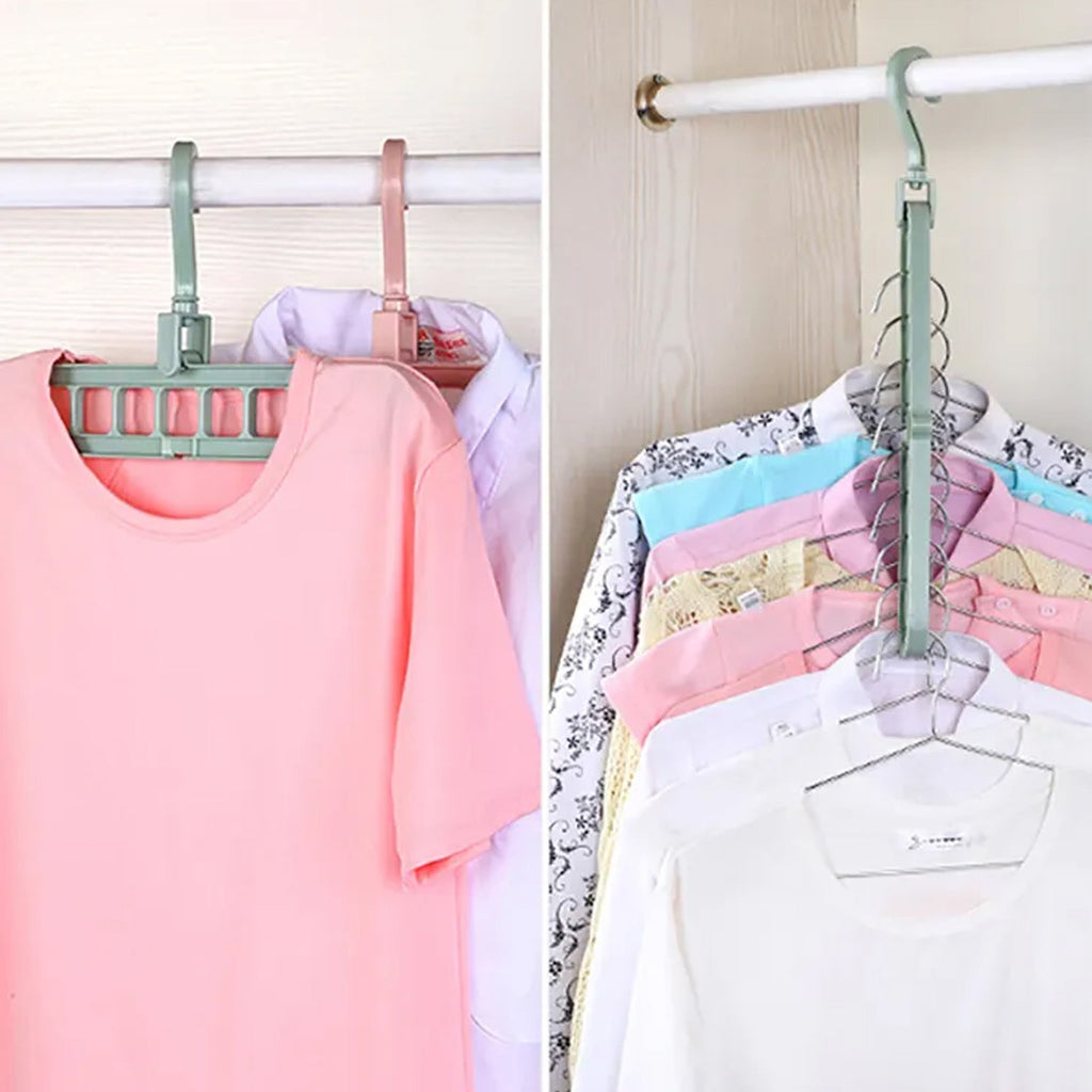 Two green plastic multi-hole hangers, one horizontal with pink shirts and one vertical with various shirts.