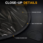 Close-up view of the black mesh sun shade, highlighting its fine texture, stitched finish, and rounded edge.
