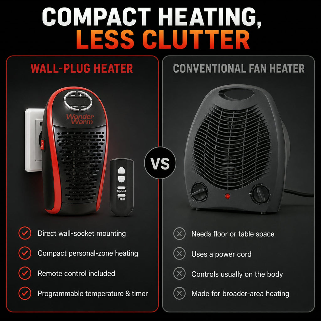 Comparison image showing the compact wall plug-in room heater's features.