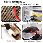A collage of four images showing the cleaning set being used for various tasks: range hood, gas stove, oil scale, and pot