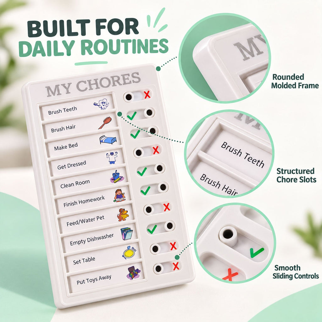 An angled view of the chore board highlighting its rounded frame, structured chore slots, and smooth sliding controls.