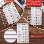 Three views of the 'MY CHORES' board, highlighting its detachable chore list and showing the front side up.