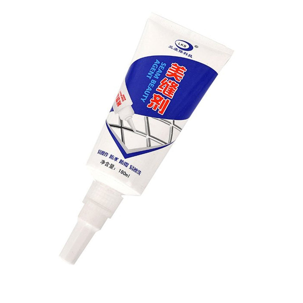 A white and blue tube of 'Seam Beauty Agent' sealant with a nozzle, isolated on a white background.