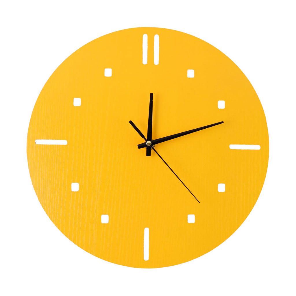 A vibrant yellow round wall clock with minimalist hour markers and black hands is isolated on a white background.