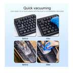 Two pairs of 'before and after' images show a dirty keyboard and car console cleaned with blue gel.
