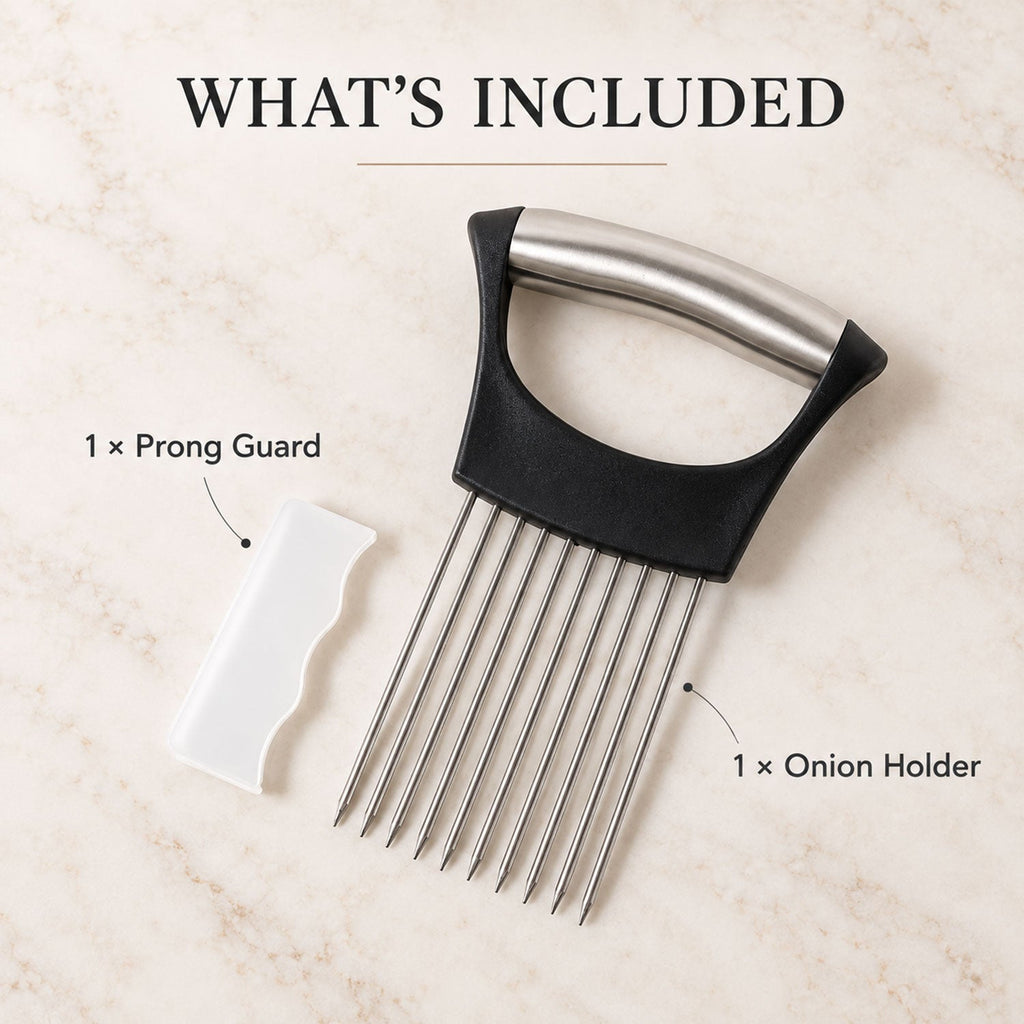 A black and silver onion holder and a white prong guard are displayed on a light marble surface, labeled as included items.