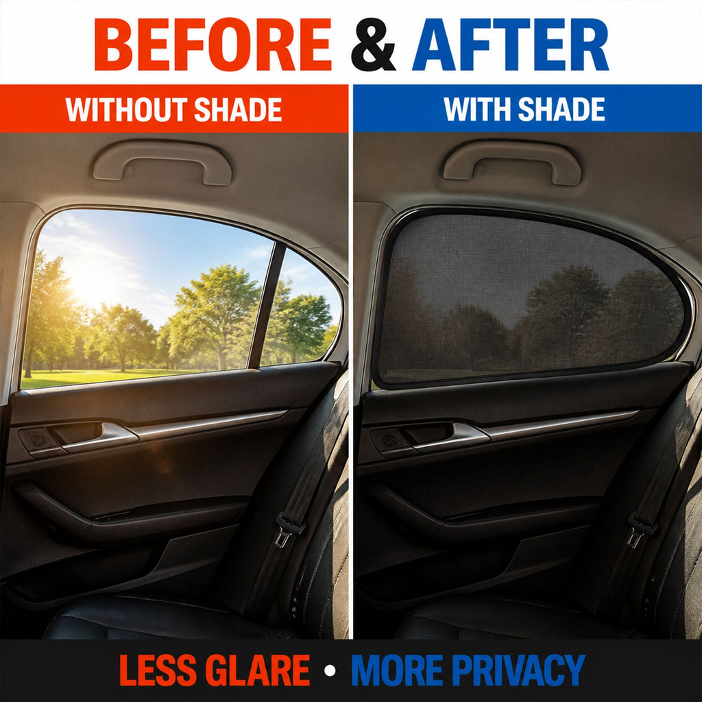 Split image showing a car window without a shade on the left and with a black mesh shade on the right.