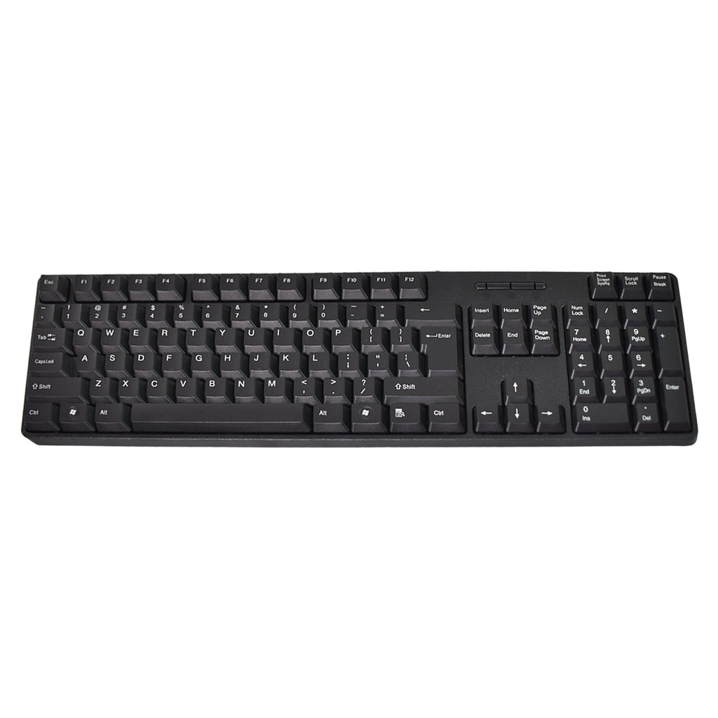 A top-down view of a full-size black wired keyboard with a numeric keypad on a white background.