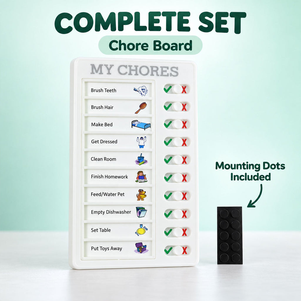 A white chore board with all tasks marked incomplete, next to a black rectangular mounting dot accessory.
