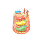 A blister pack containing three chili pepper erasers in red, yellow, and green, on a white background.
