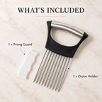 A black and silver onion holder and a white prong guard are displayed on a light marble surface, labeled as included items.