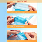 Three close-up images demonstrating how to seal a blue waterproof pouch with three layers of sealing strips.