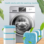 Blue and white washing machine cleaner tablets with green leaves, in front of a silver washing machine.
